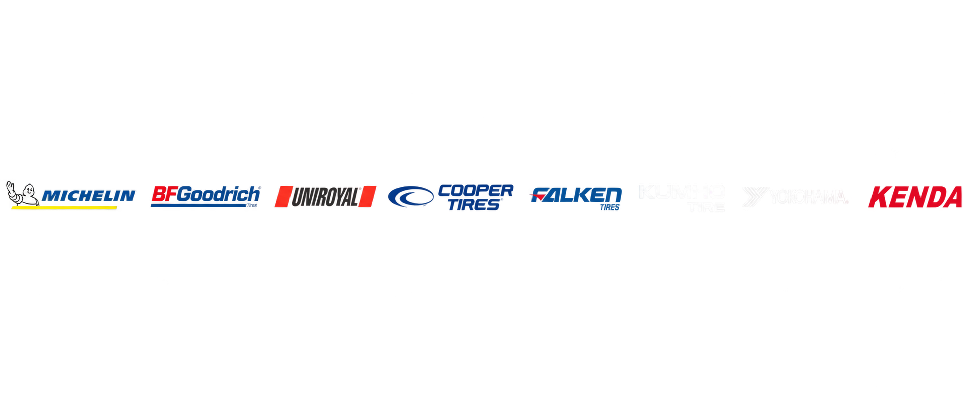 Michelin, BFGoodrich, Uniroyal, Cooper Tires, Falken, Kumho, Yokohama and Kenda brand logos