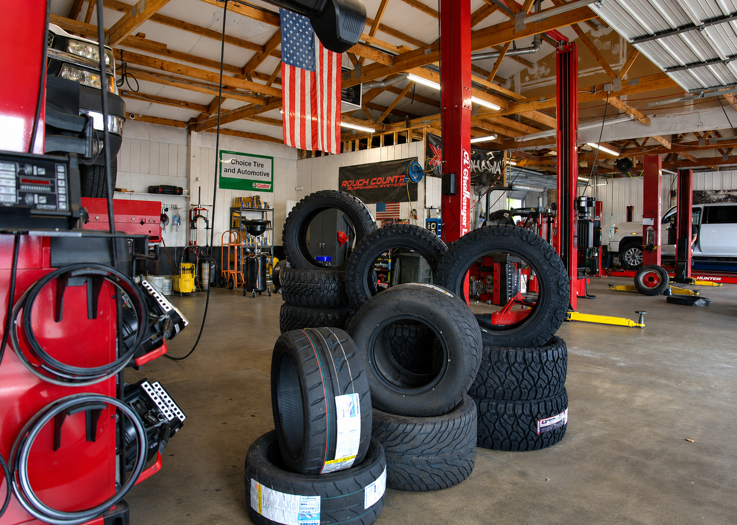 Inside the Choice Tire & Automotive shop bay, stacked tires and lift equipment