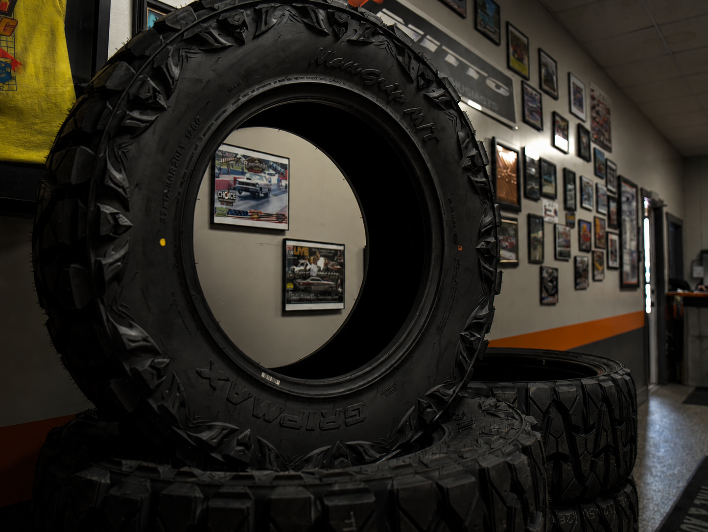 Tires stacked inside the Choice Tire & Automotive showroom
