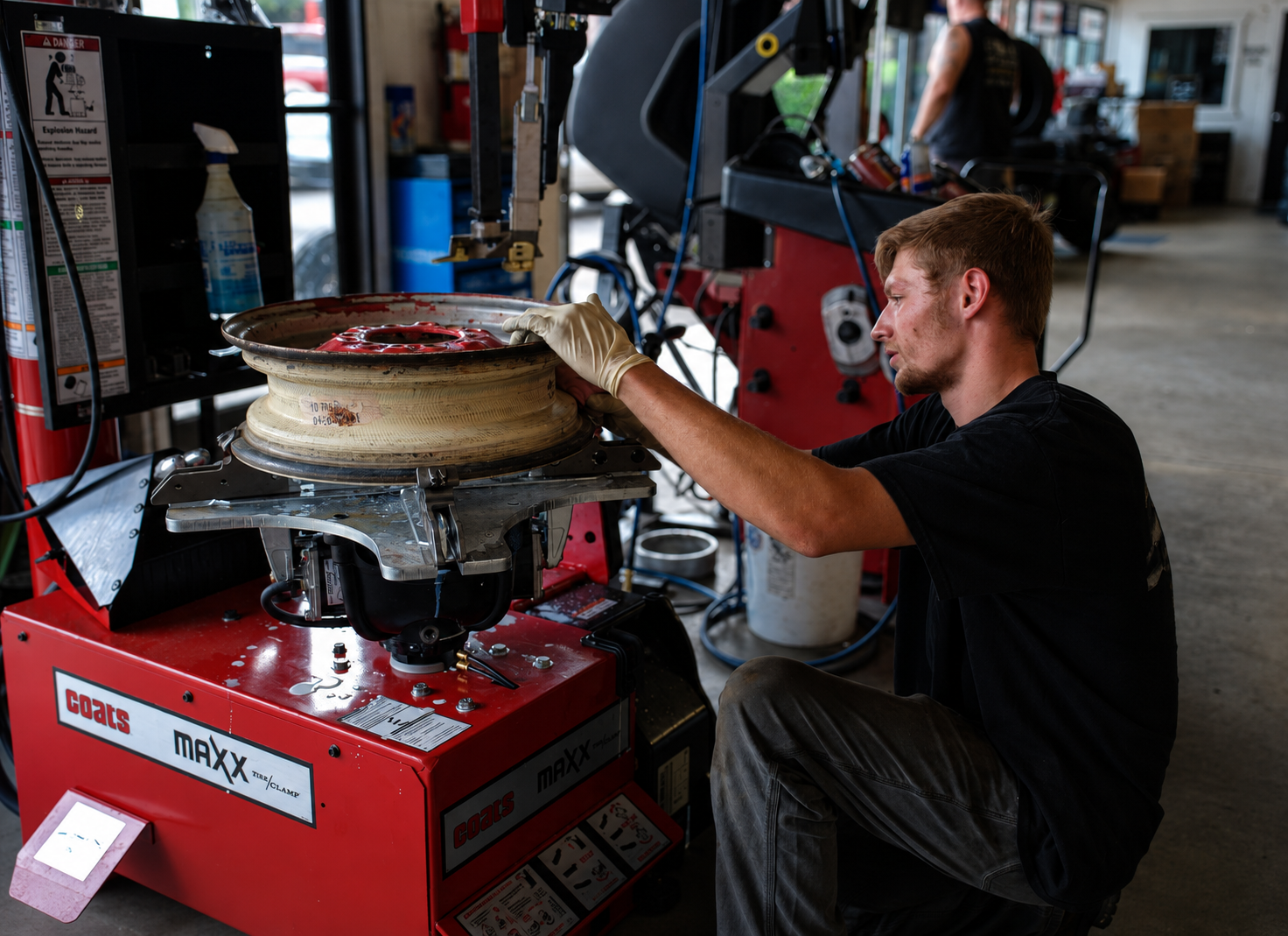 Technician mounting a tire on a Coats tire machine